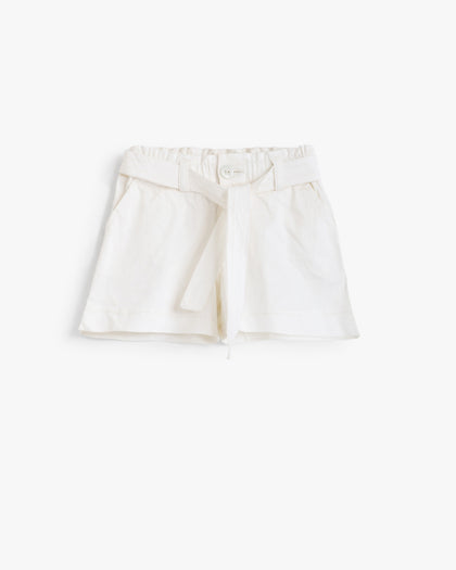 Girls White Paper Bag Waist Shorts with Self-Tie Belt