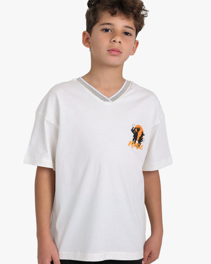 Boys Oversized Cotton V-Neck T-Shirt with Graphic Music Print