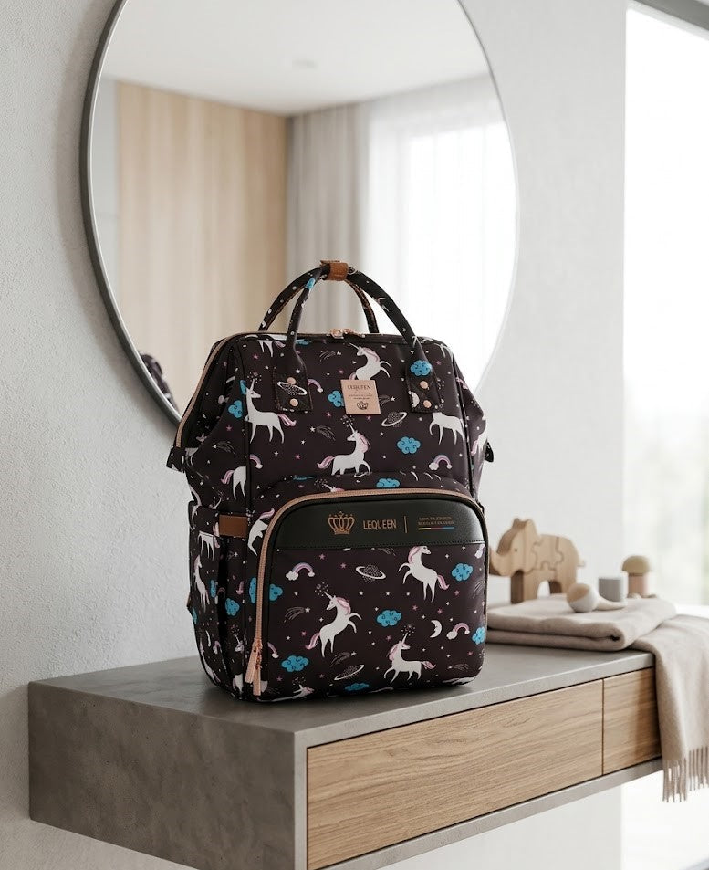 LEQUEEN Gen 8 Classic Diaper Backpack - Black Unicorn Print