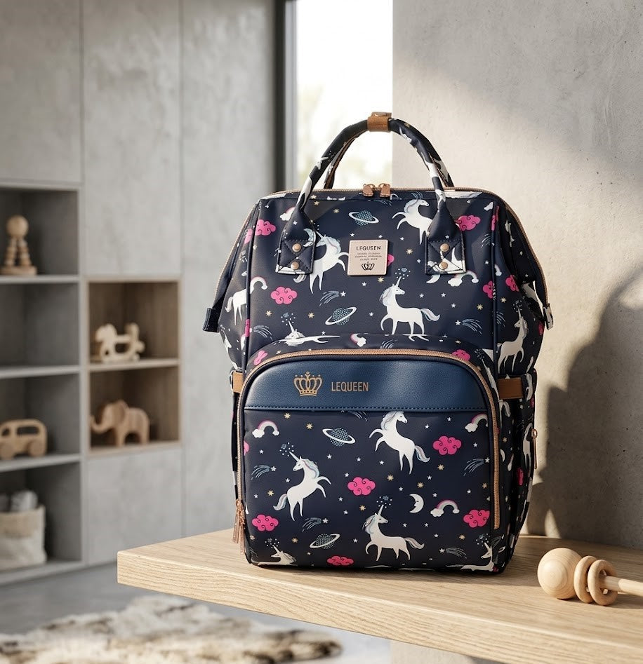 LEQUEEN Gen 8 Classic Diaper Backpack - Navy Unicorn Print