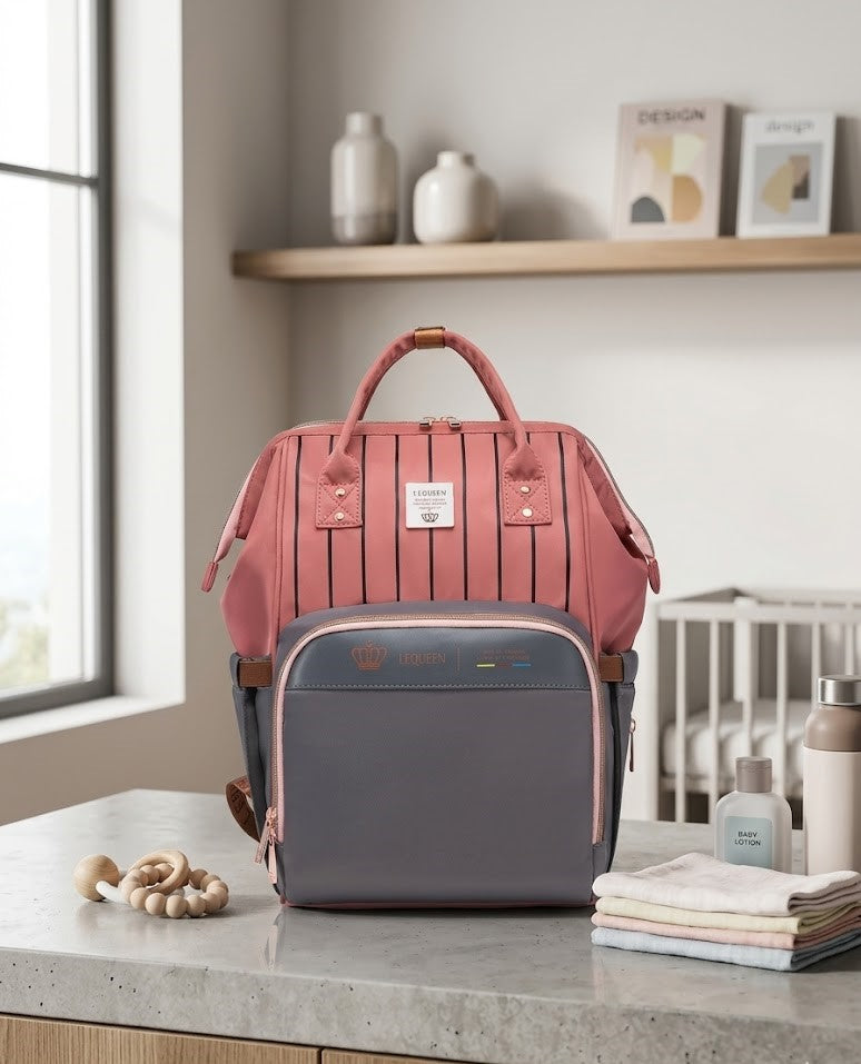 LEQUEEN Gen 8 Classic Diaper Backpack - Coral Pinstripe with Grey Base