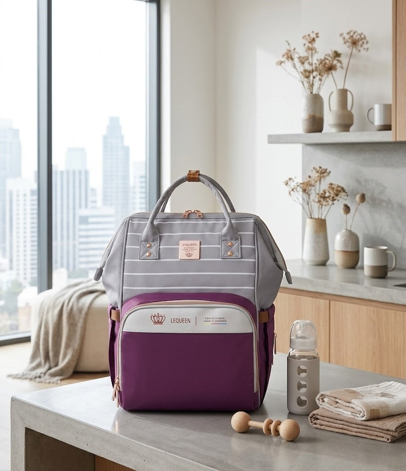 LEQUEEN Gen 8 Classic Diaper Backpack - Grey Pinstripe with Purple Base