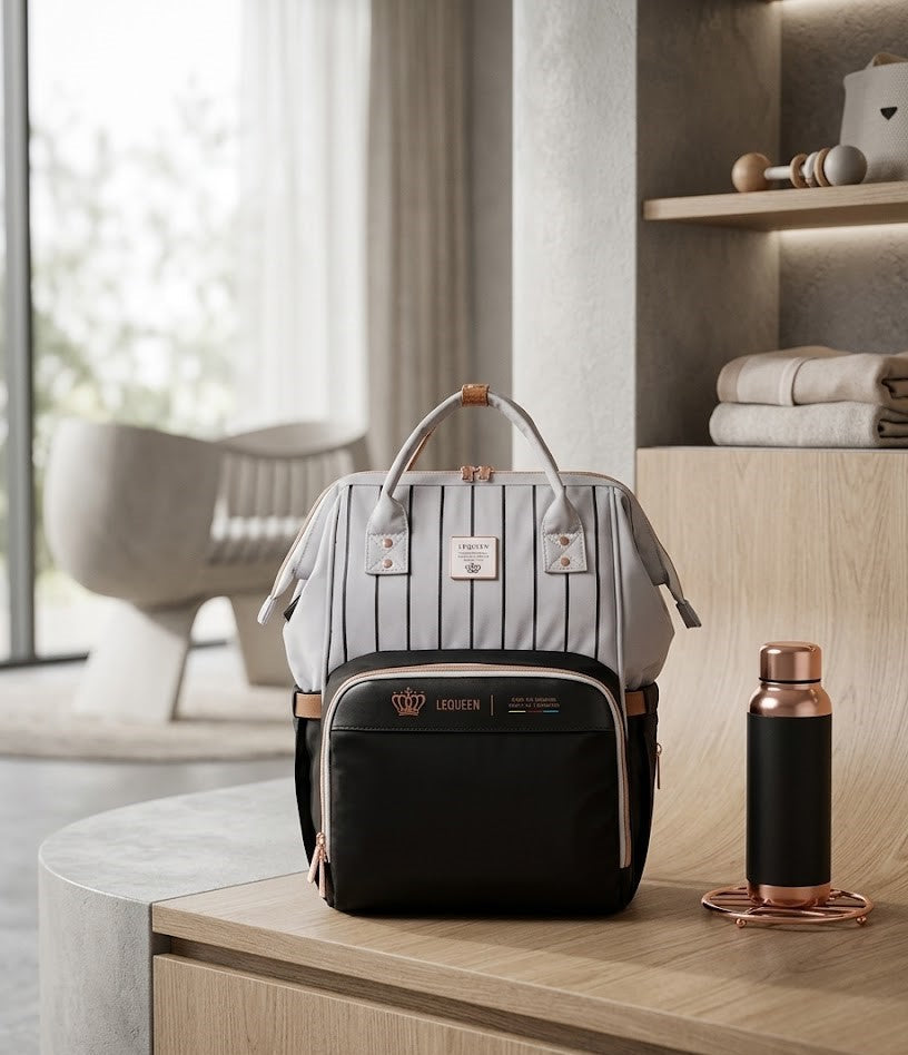 LEQUEEN Gen 8 Classic Diaper Backpack - Grey Pinstripe with Black Base