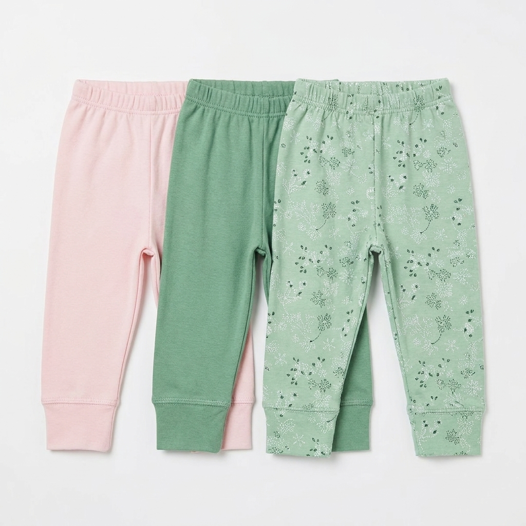 Junior Baby Pants Pack of 3 - Pink, Green & Print