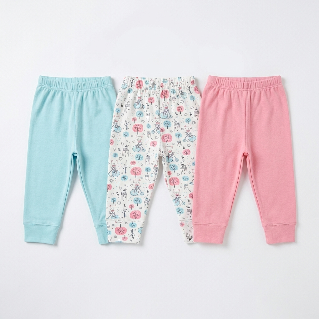 Junior Baby Pants Pack of 3 - Mint, Print & Pink