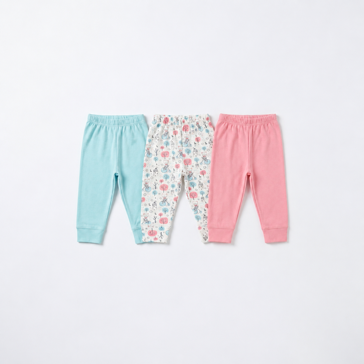 Junior Baby Pants Pack of 3 - Mint, Print & Pink
