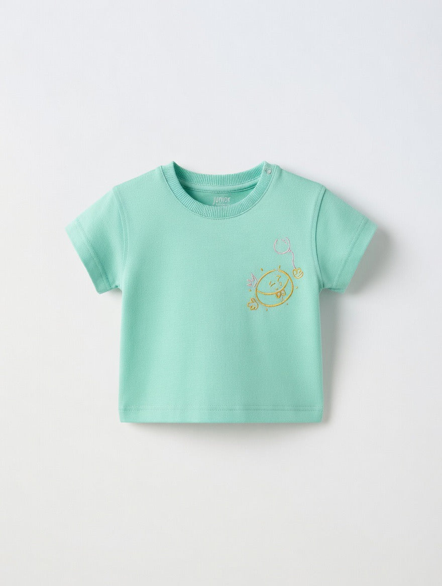 Baby Boys Mint Green Cotton Tee with Sunny Graphic Print