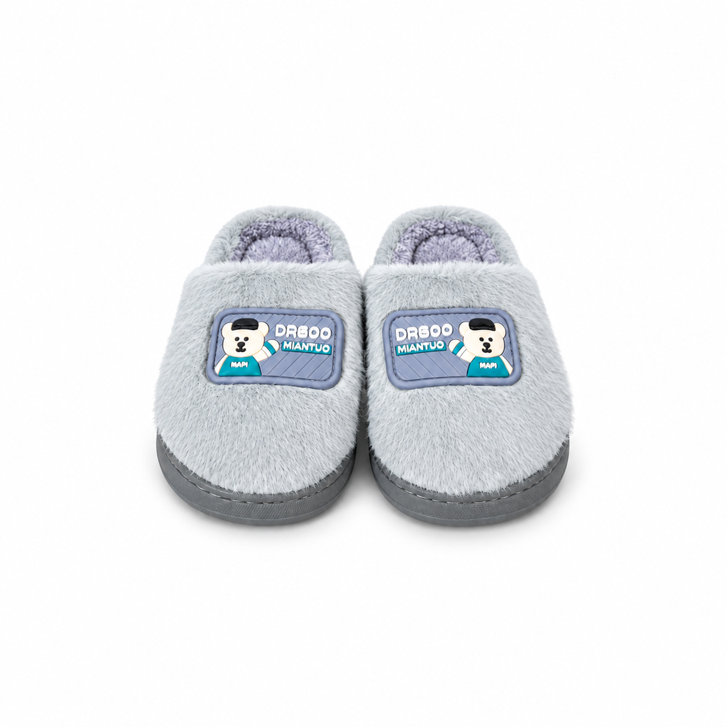 Baby Fur Slippers - Bear Patch - Gray