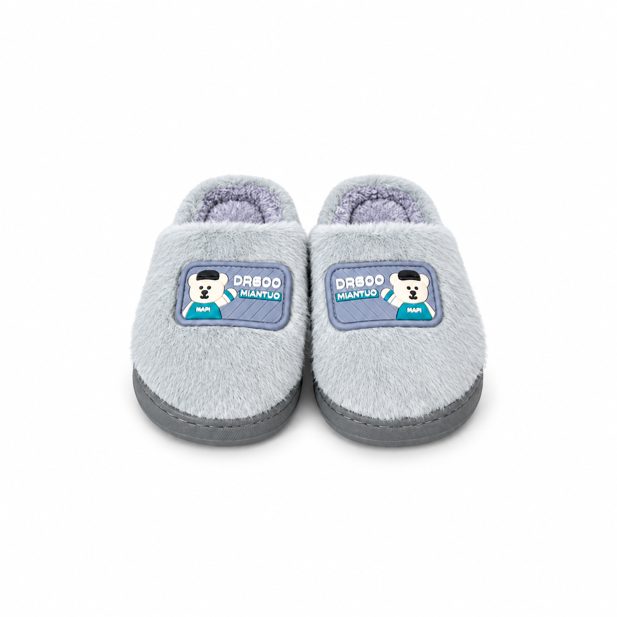 Baby Fur Slippers - Bear Patch - Gray