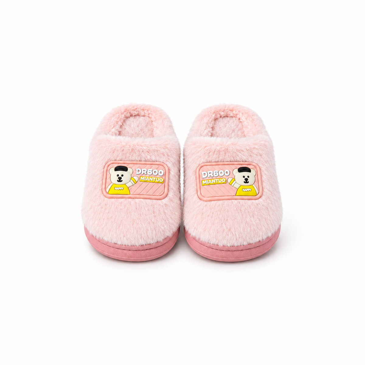 Baby Fur Slippers - Bear Patch - Pink