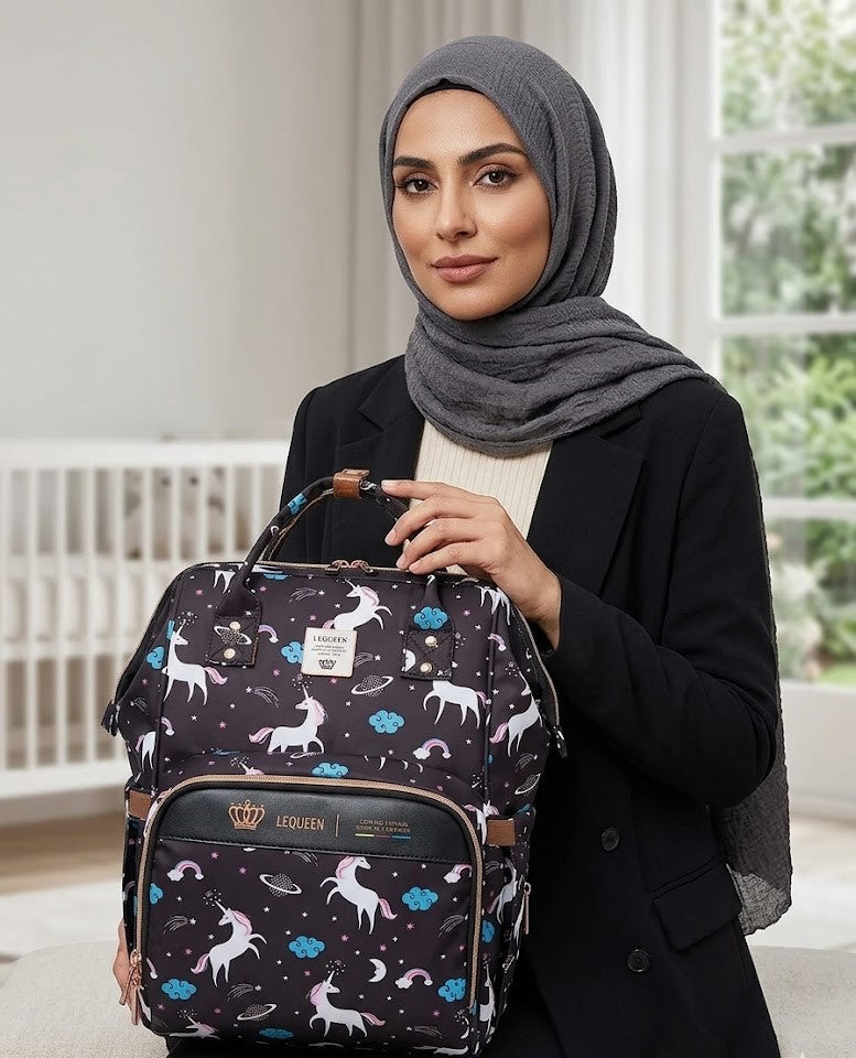 LEQUEEN Gen 8 Classic Diaper Backpack - Black Unicorn Print