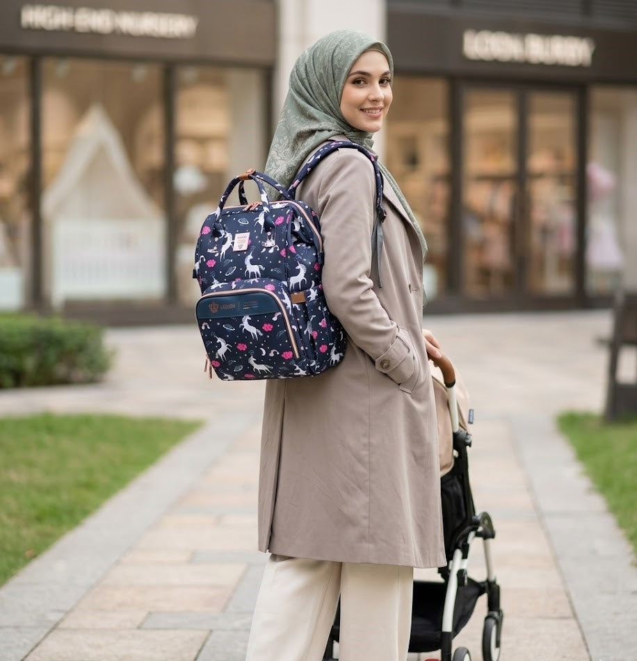 LEQUEEN Gen 8 Classic Diaper Backpack - Navy Unicorn Print
