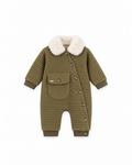 Baby Ribbed Knit Pramsuit with Faux Fur Collar - Khaki