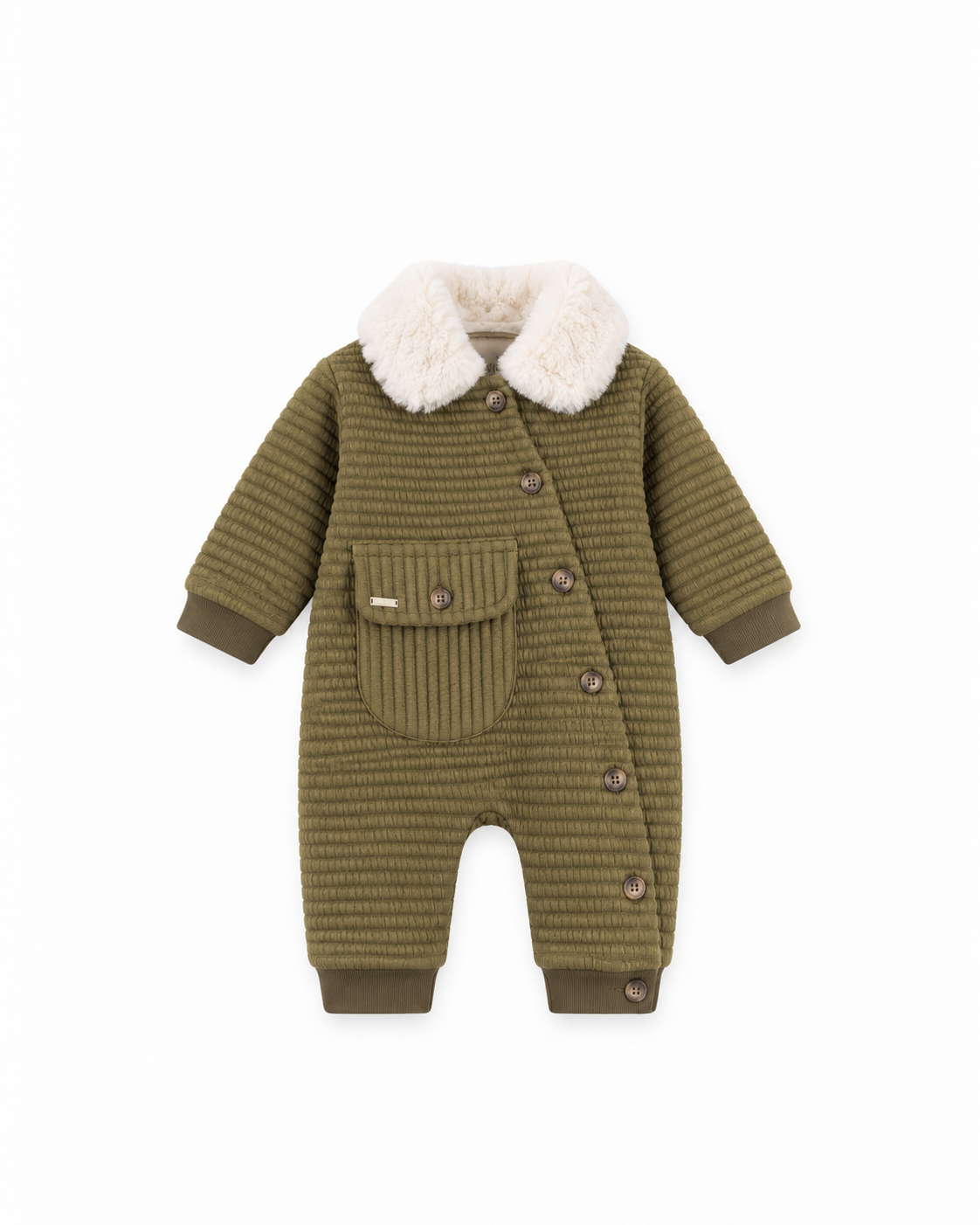 Baby Ribbed Knit Pramsuit with Faux Fur Collar - Khaki