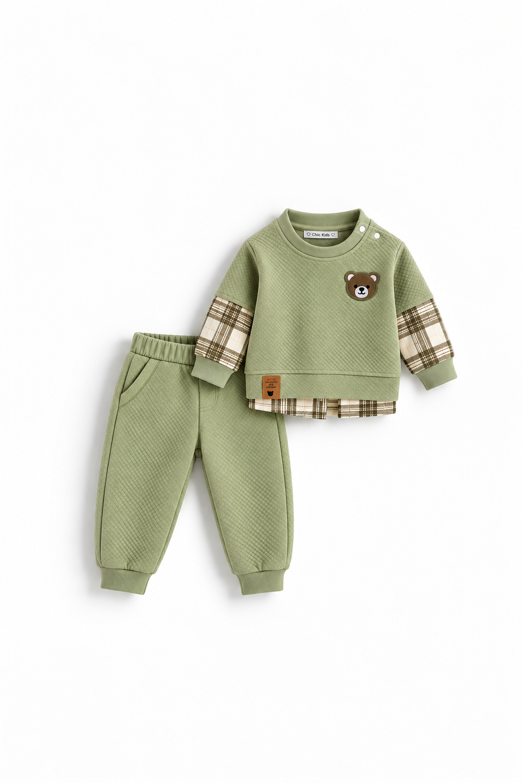 Boys' Teddy Quilted Set with Check Cuffs - Sage