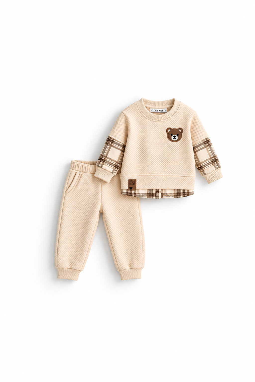 Boys' Teddy Quilted Set with Check Cuffs - Beige