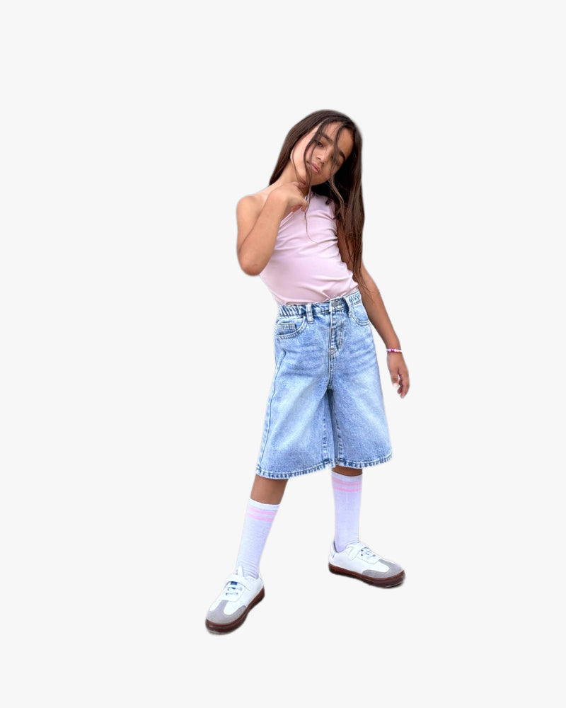 Girls Casual Light Blue Wide-Leg Denim Shorts