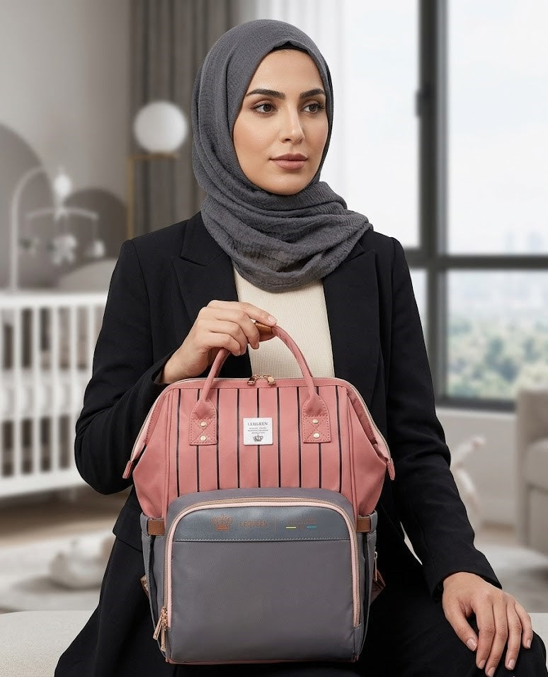 LEQUEEN Gen 8 Classic Diaper Backpack - Coral Pinstripe with Grey Base