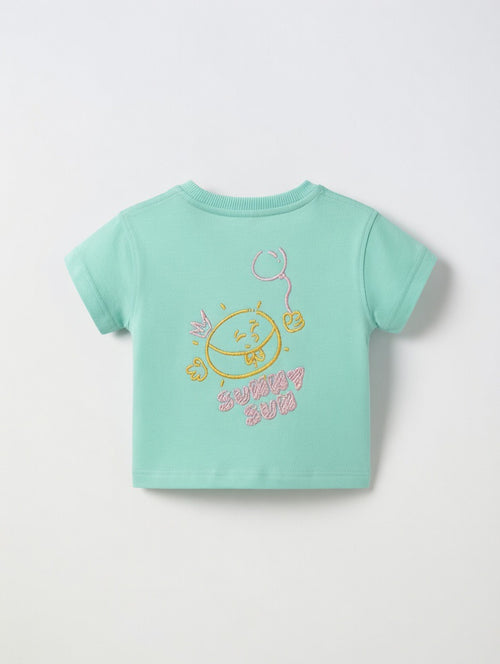 Baby Boys Mint Green Cotton Tee with Sunny Graphic Print