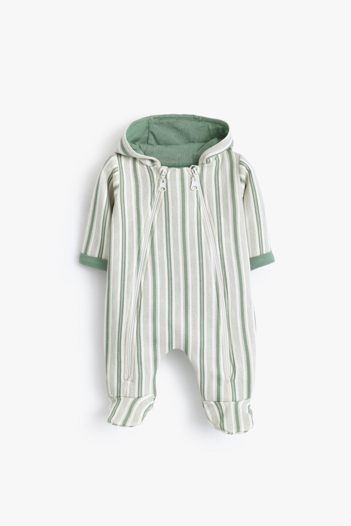 Junior Baby Hooded Romper - Sage Stripe