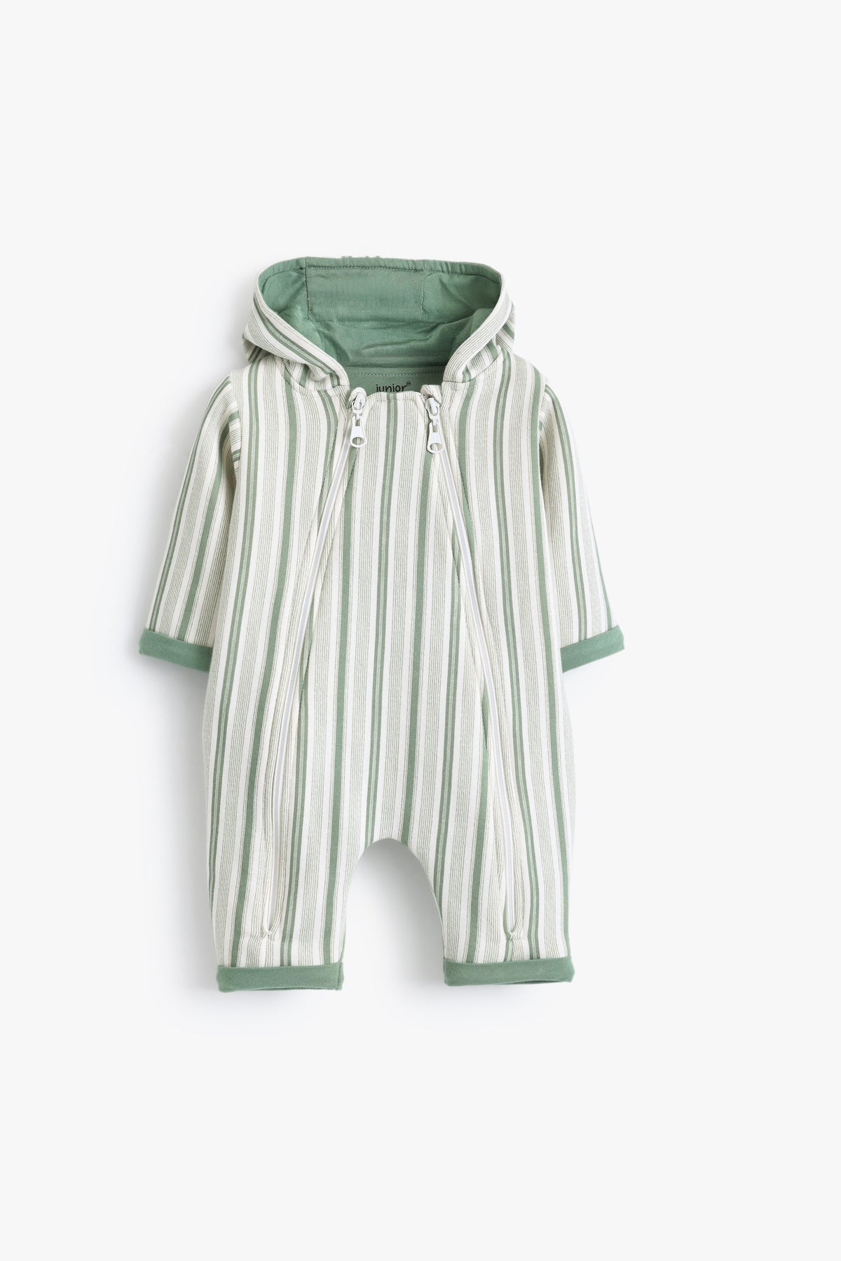 Junior Baby Hooded Romper - Sage Stripe
