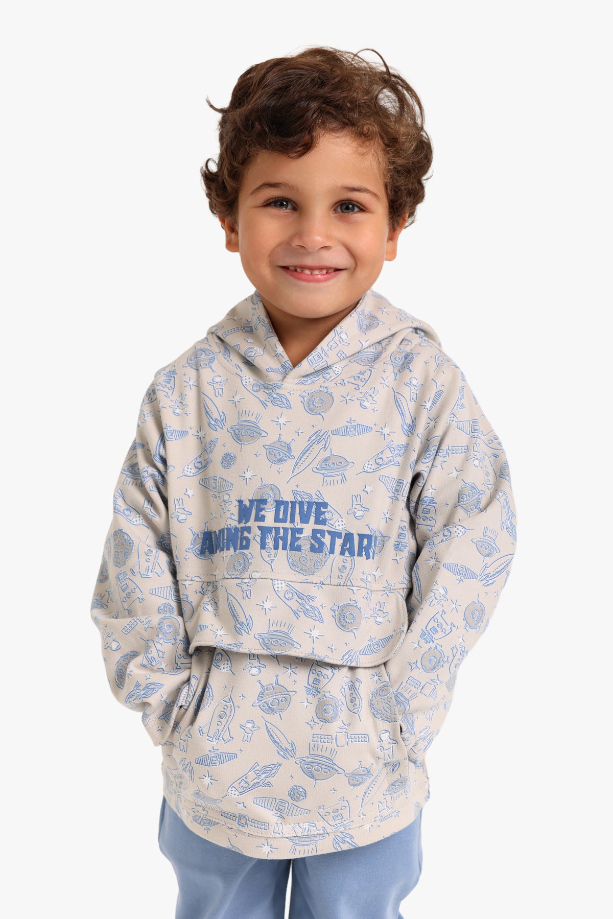 Junior Boys Hooded Pyjama Set - Space Print Cream & Blue
