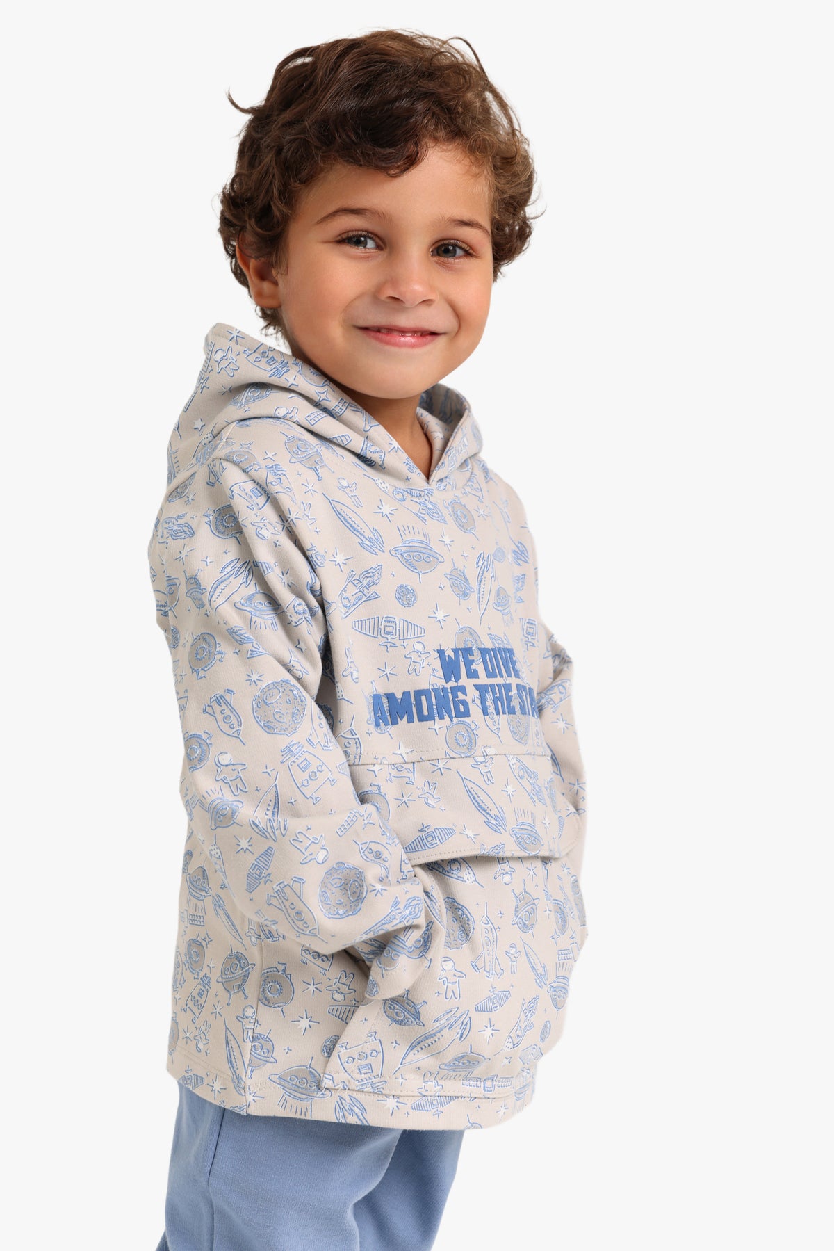 Junior Boys Hooded Pyjama Set - Space Print Cream & Blue