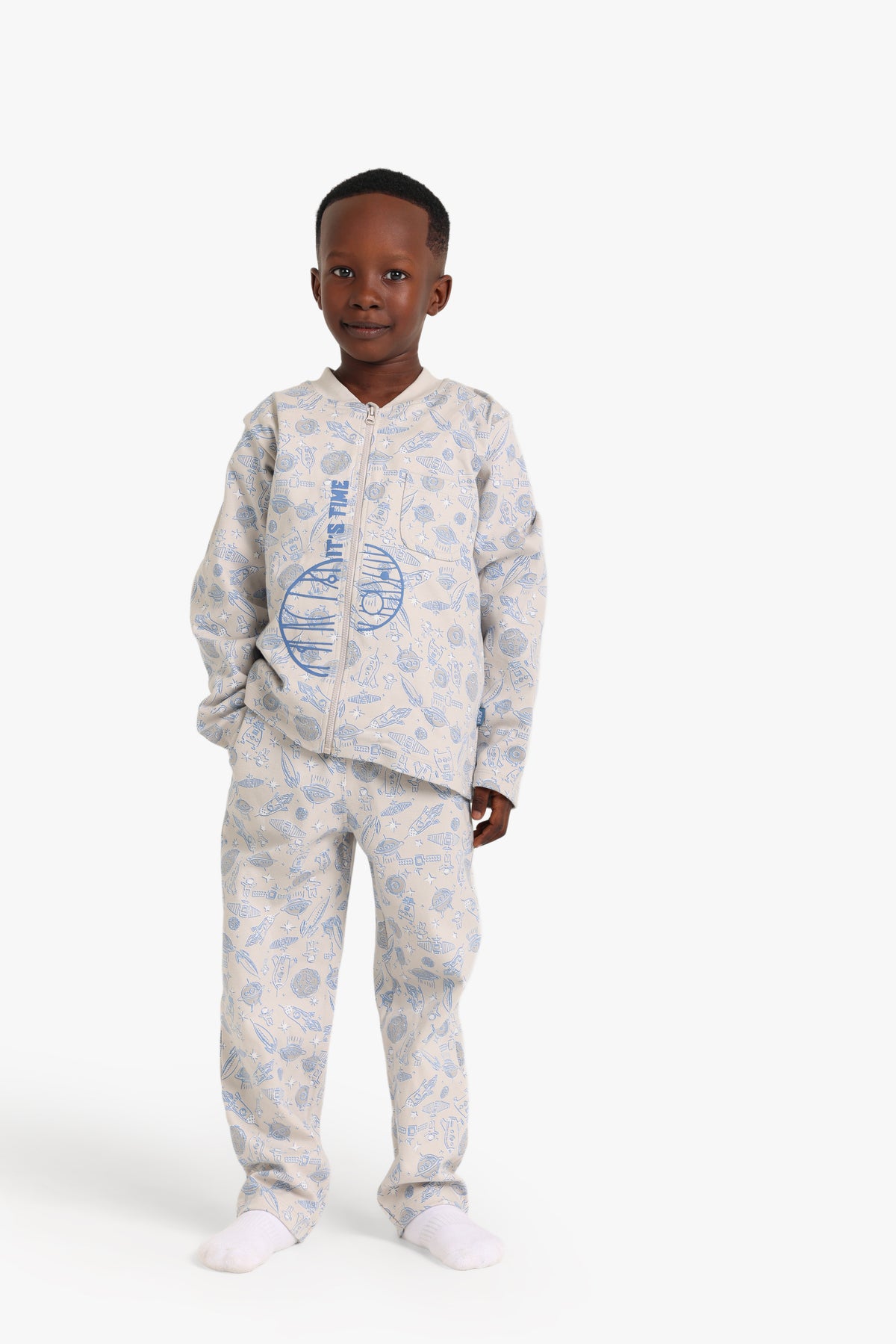 Junior Boys Zip-Through Pyjama Set - Space Print Cream