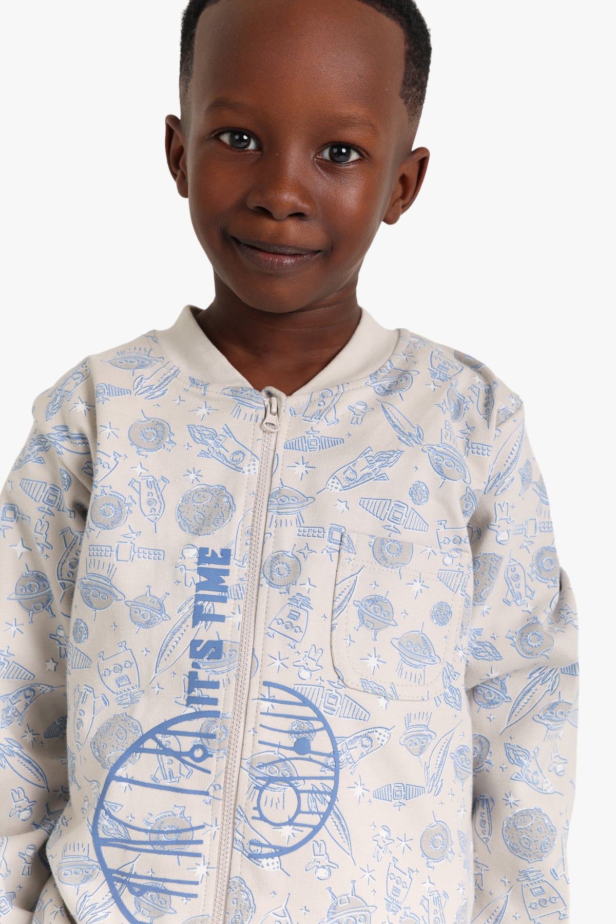 Junior Boys Zip-Through Pyjama Set - Space Print Cream