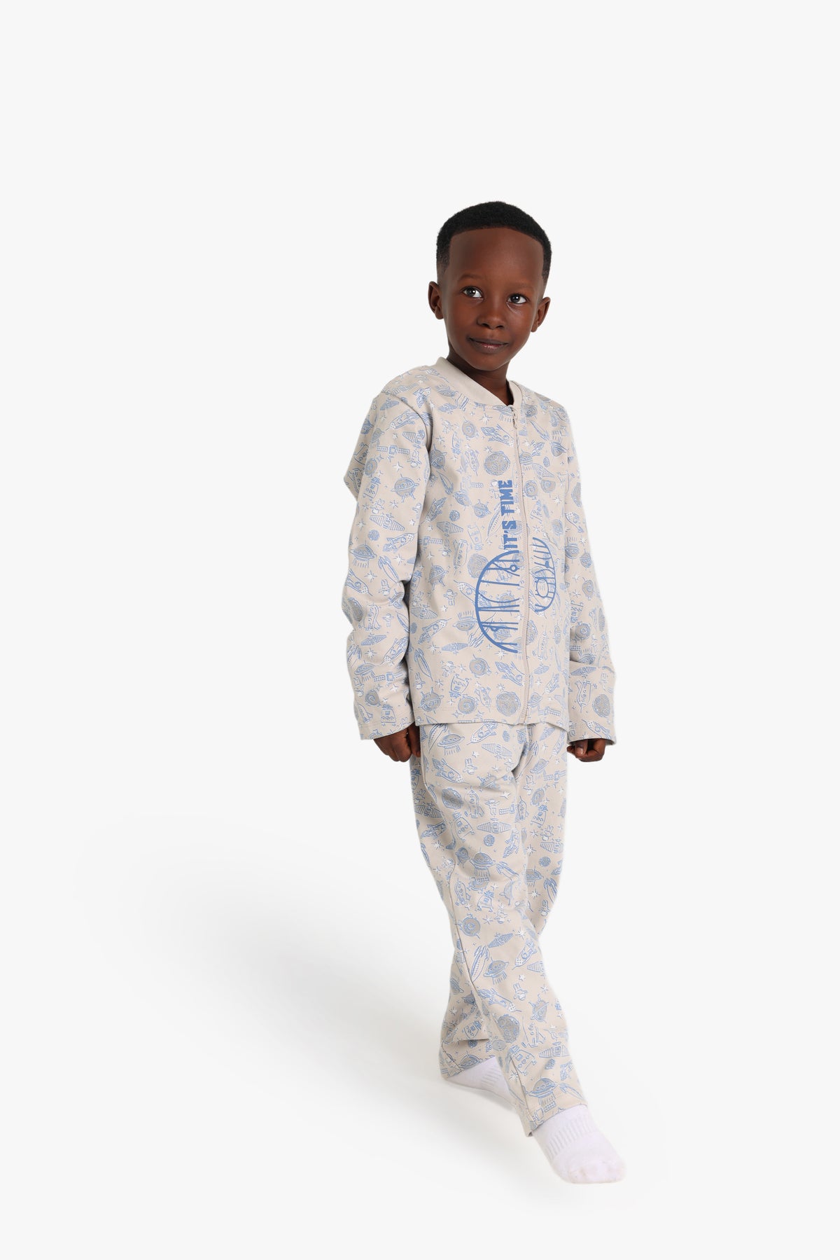 Junior Boys Zip-Through Pyjama Set - Space Print Cream