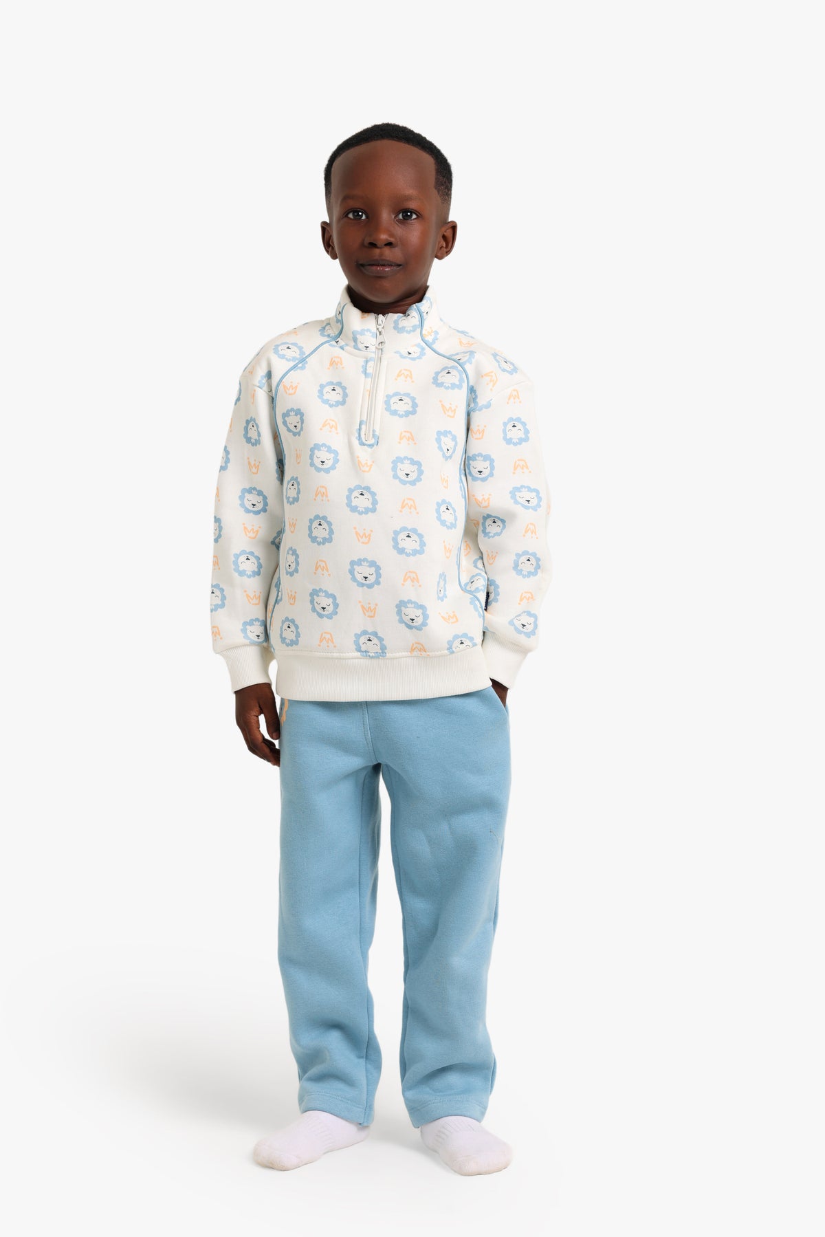 Junior Boys Half-Zip Pyjama Set - Lion Print Cream & Blue