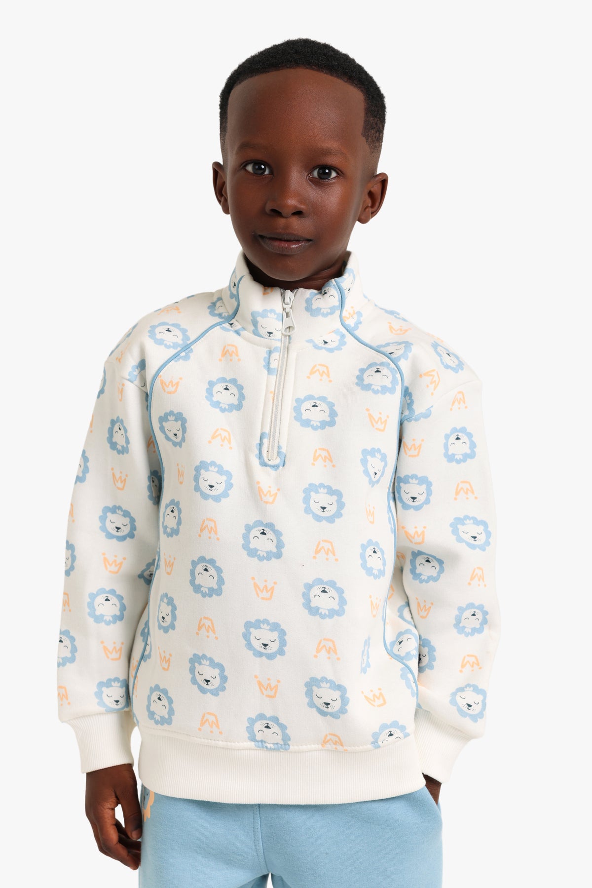 Junior Boys Half-Zip Pyjama Set - Lion Print Cream & Blue