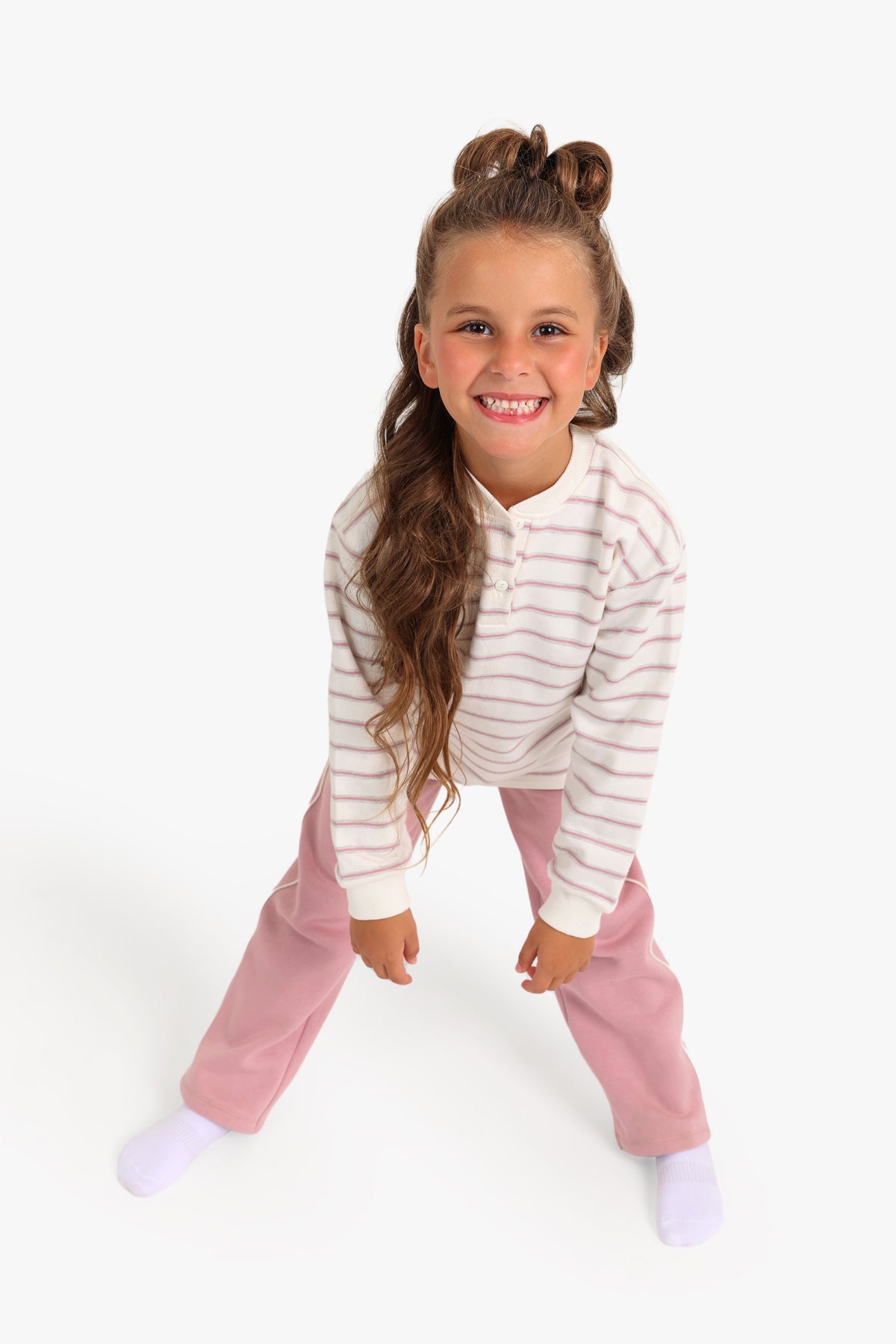 Junior Girls Striped Pyjama Set - Cream & Pink