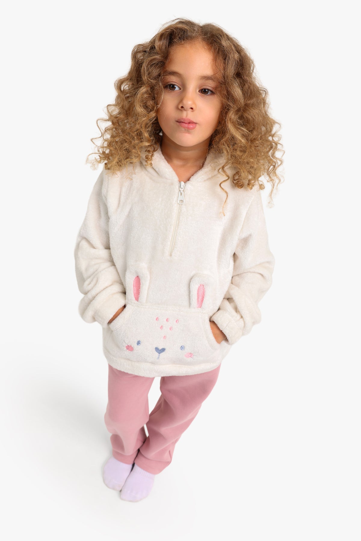 Junior Girls Half-Zip Pyjama Set - Bunny Cream & Pink