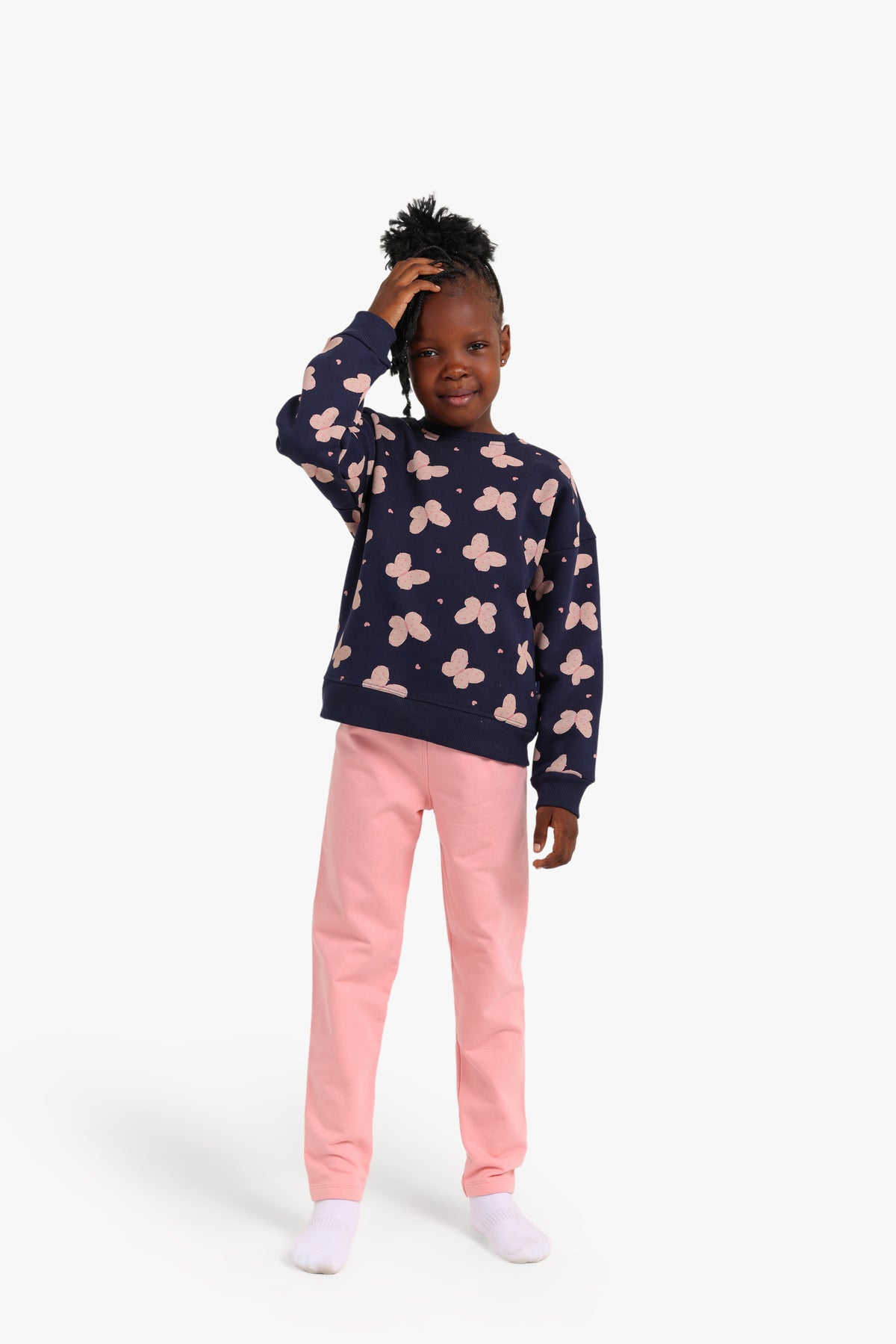 Junior Girls Pyjama Set - Butterfly Print Navy & Pink