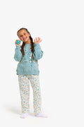 Junior Girls Hooded Pyjama Set - Floral Mint & Cream