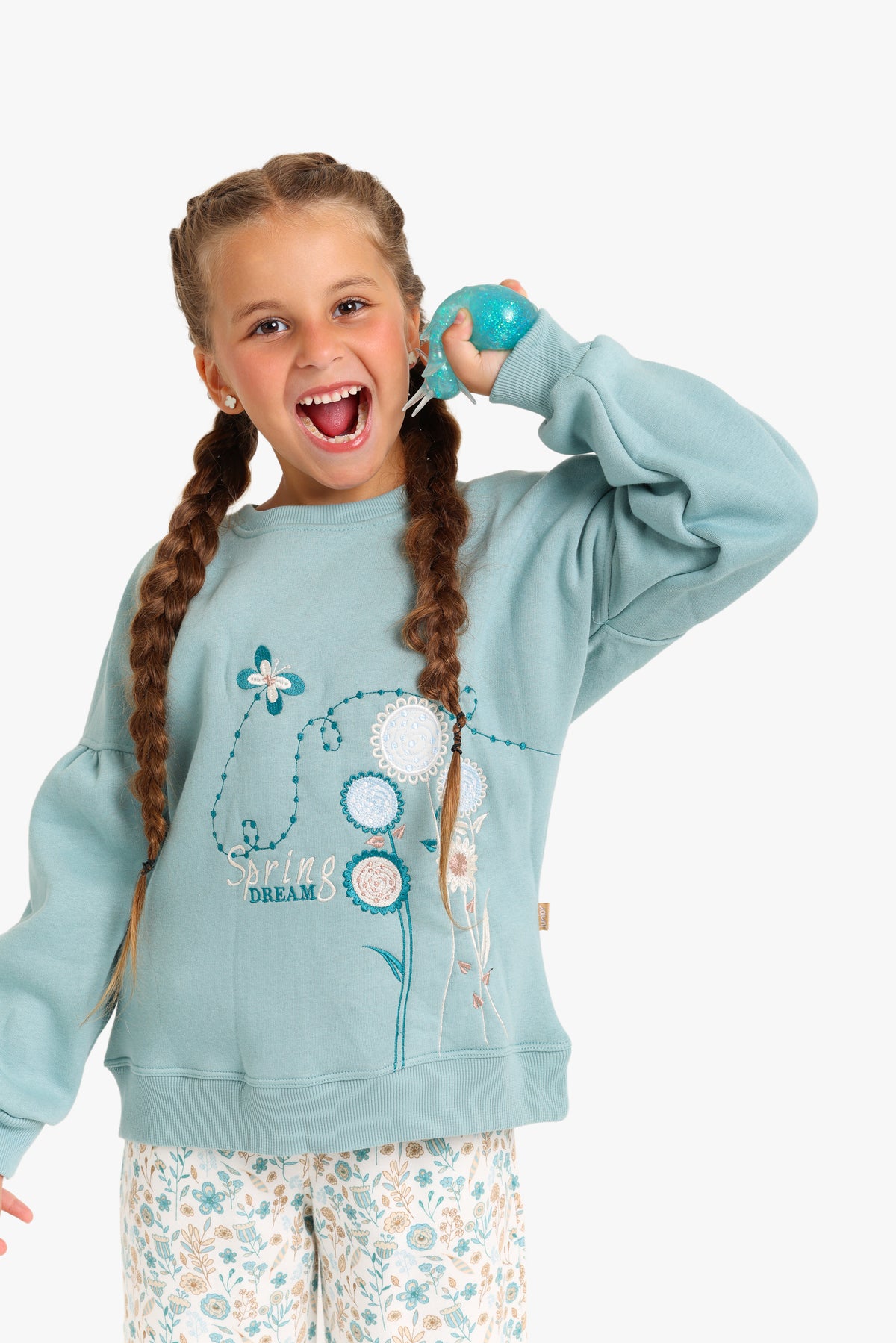 Junior Girls Hooded Pyjama Set - Floral Mint & Cream