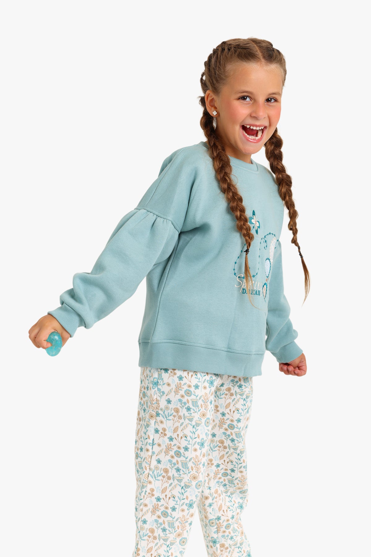 Junior Girls Hooded Pyjama Set - Floral Mint & Cream
