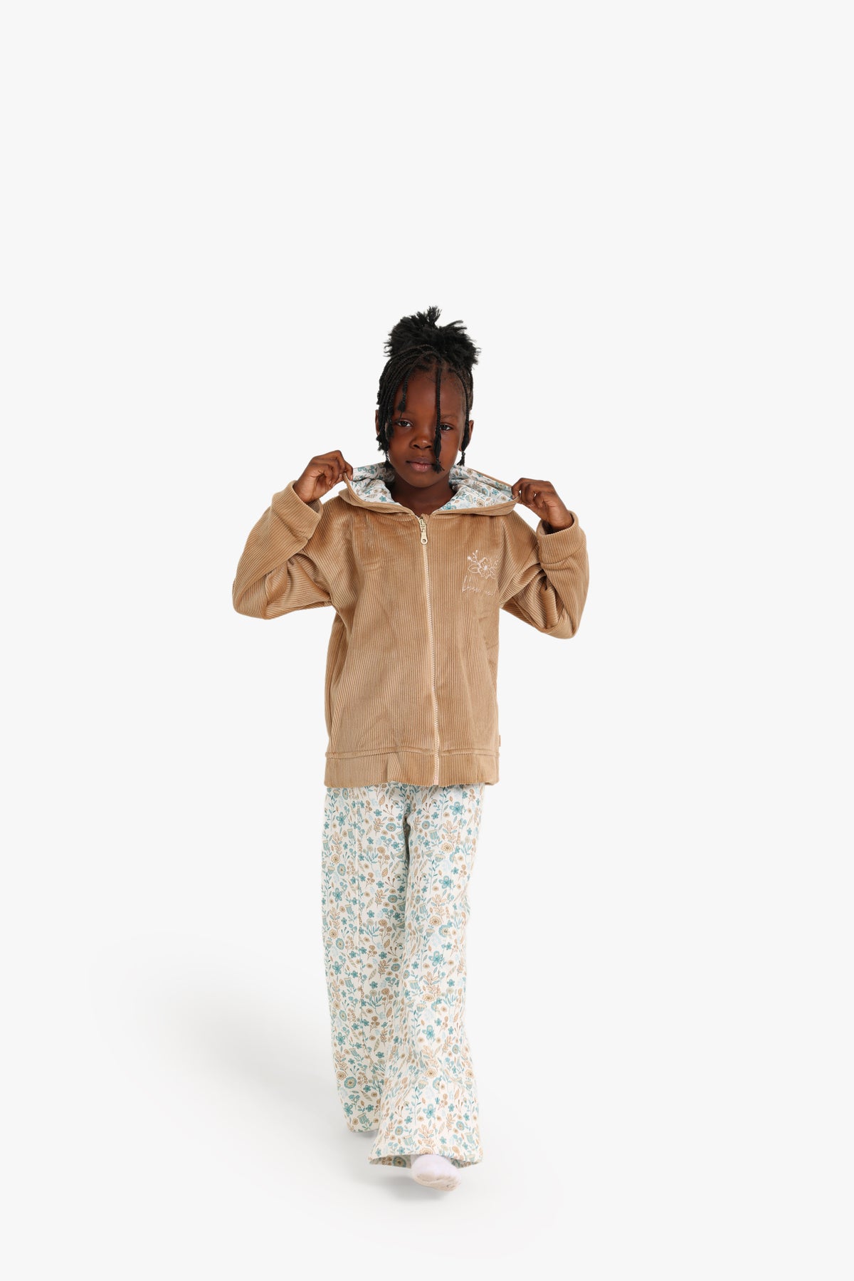 Junior Girls Zip-Through Pyjama Set - Floral Beige