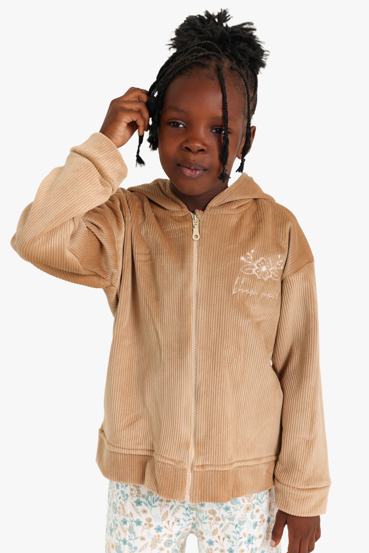 Junior Girls Zip-Through Pyjama Set - Floral Beige