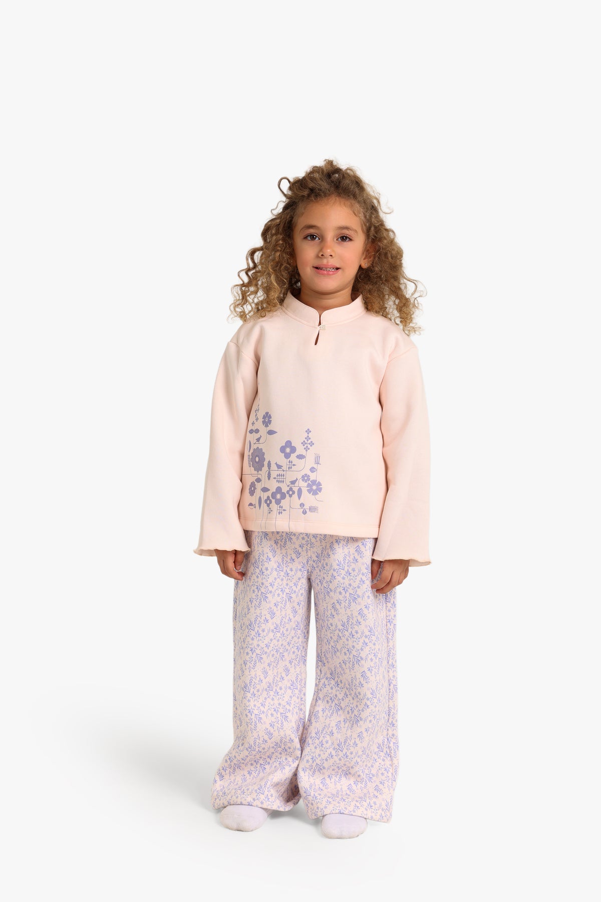 Junior Girls Half-Zip Pyjama Set - Floral Pink & Lilac