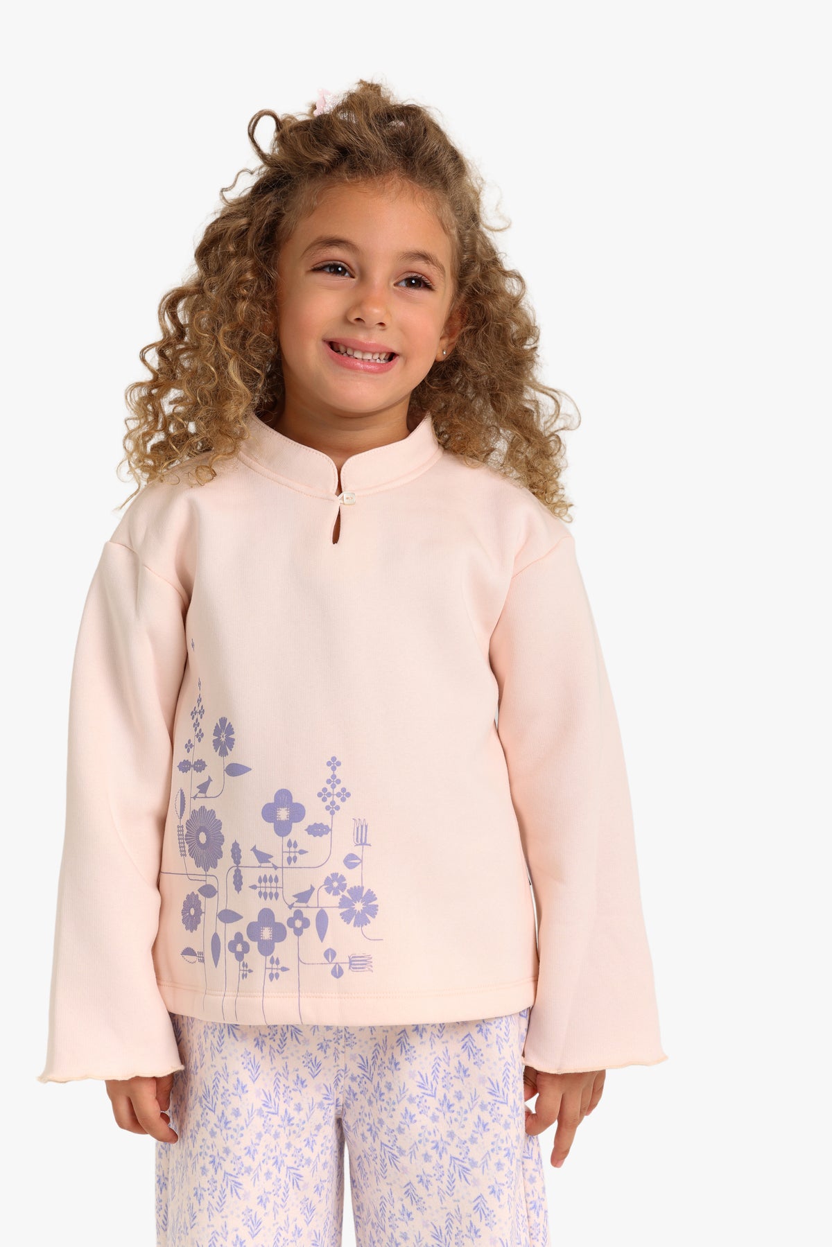 Junior Girls Half-Zip Pyjama Set - Floral Pink & Lilac