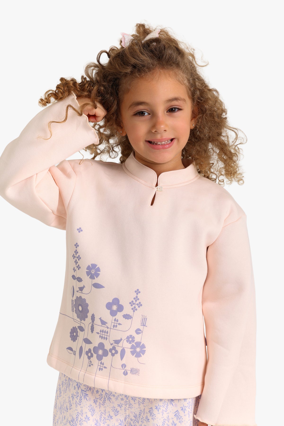 Junior Girls Half-Zip Pyjama Set - Floral Pink & Lilac