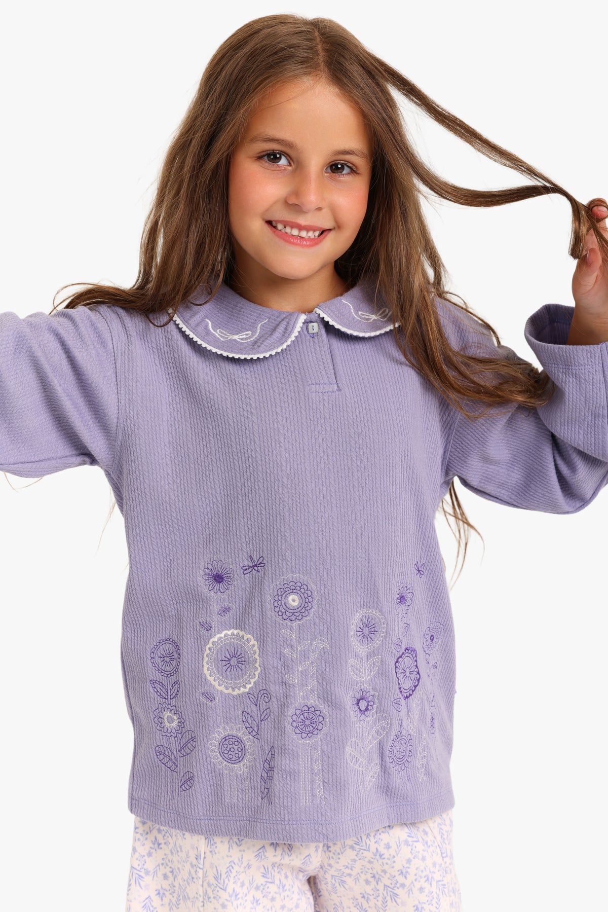 Junior Girls Collared Pyjama Set - Floral Lilac