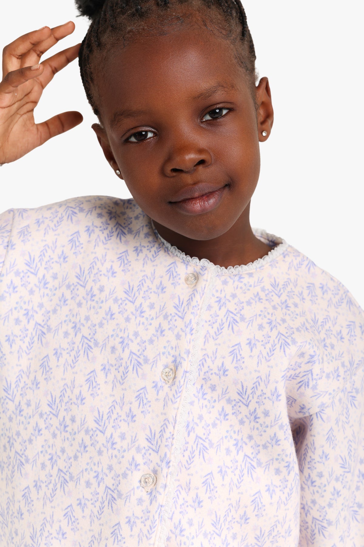 Junior Girls Buttoned Pyjama Set - Floral Lilac & Cream