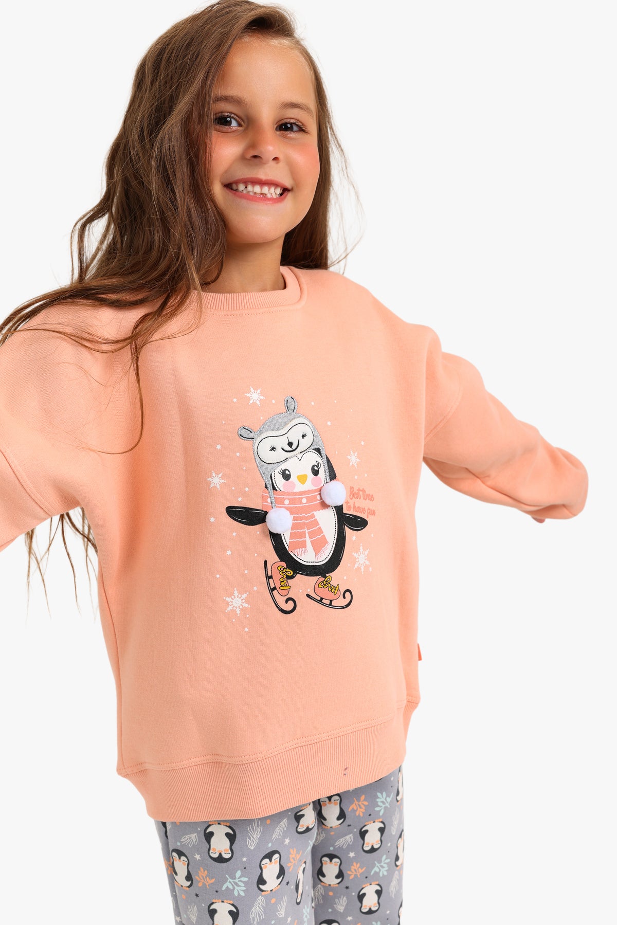 Junior Girls Pyjama Set - Cat Peach & Grey