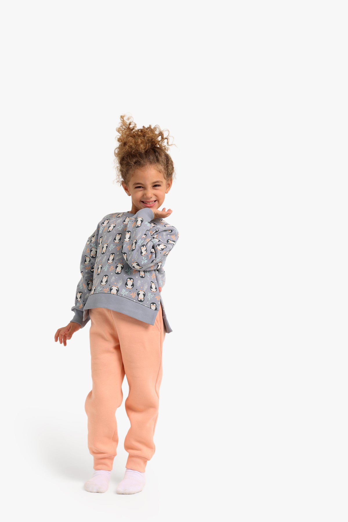 Junior Girls Pyjama Set - Penguin Print Grey & Peach