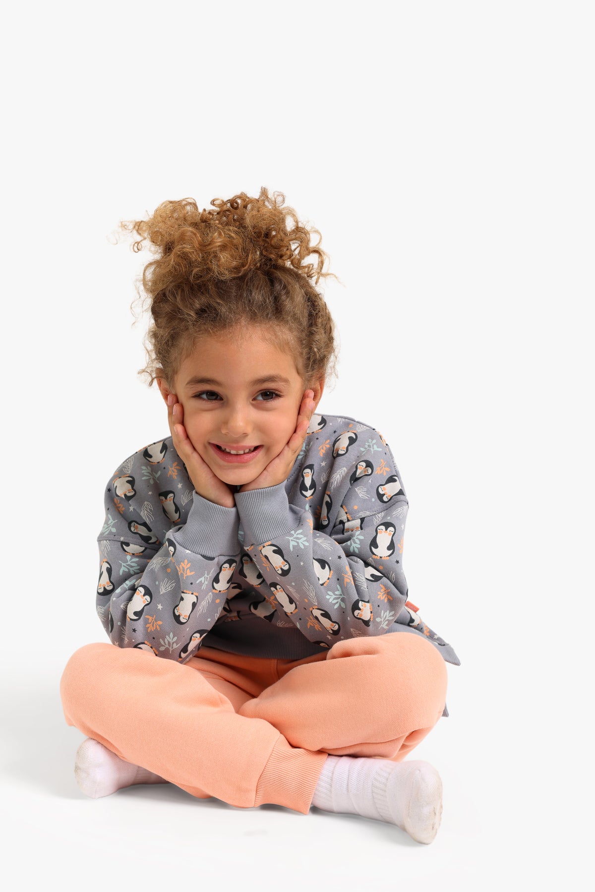 Junior Girls Pyjama Set - Penguin Print Grey & Peach