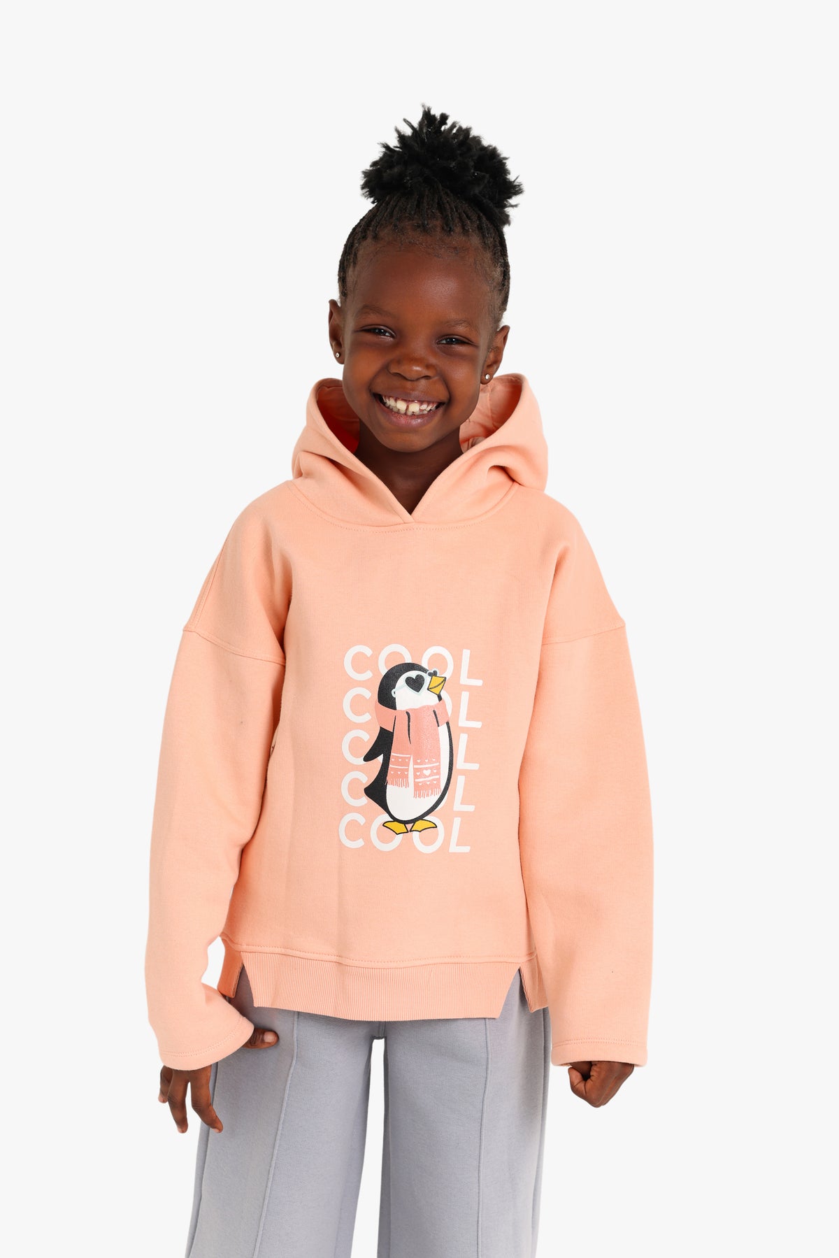 Junior Girls Hooded Pyjama Set - Penguin Peach & Grey