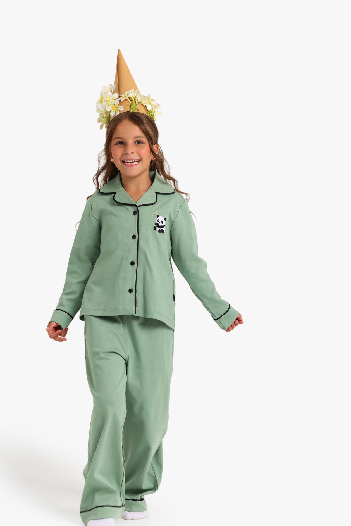 Junior Girls Classic Pyjama Set - Panda Sage Green